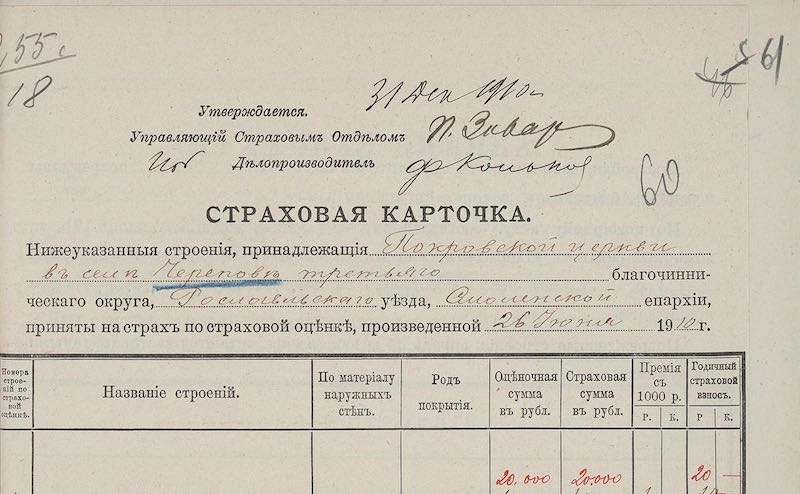 Покровская церковь в селе Черепово. Страховая карточка строения 1910 года.